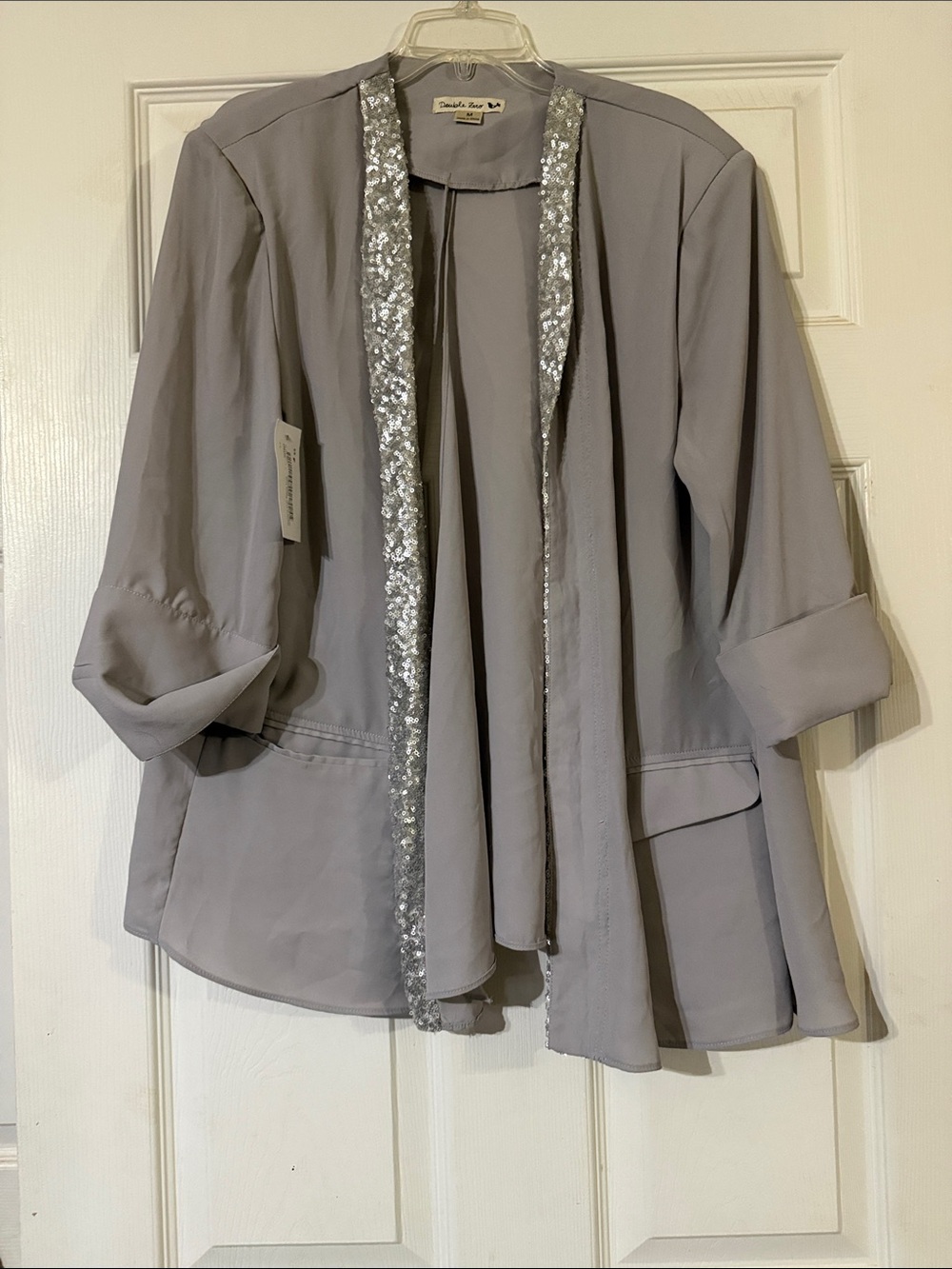 NWT Double Zero Silver Sequin Trim Open-Front Chiffon Cardigan / Jacket size Med